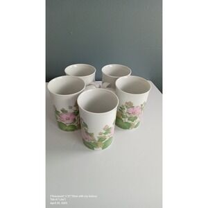 Vintage Floral Coffee Mugs Set of 5, Pink Flower Design, Tea Cups